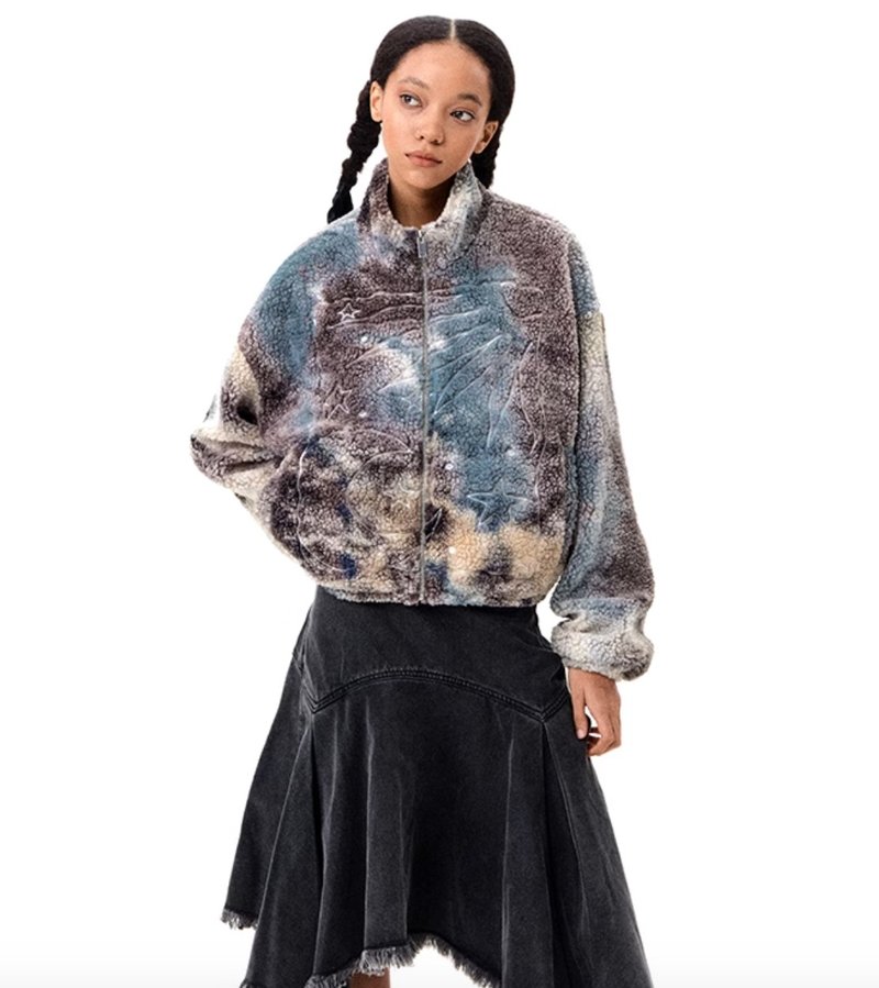 Japanese retro sun, moon and star embroidery tie-dyed lambskin jacket - Women's Tops - Other Materials Multicolor