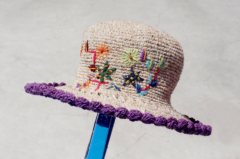 Hand-woven cotton Linen hat knit hat hat hat straw hat straw hat -Boho rainbow embroidery - หมวก - ผ้าฝ้าย/ผ้าลินิน หลากหลายสี