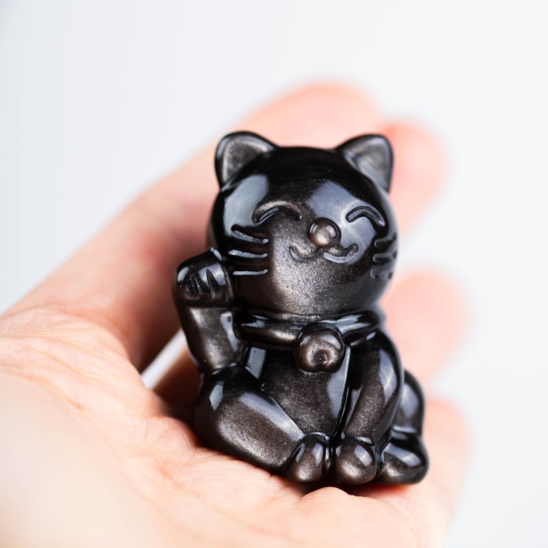 銀曜石招財貓 | 招財防小人水晶擺件 | 天然水晶禮物 - 擺飾/家飾品 - 半寶石 黑色