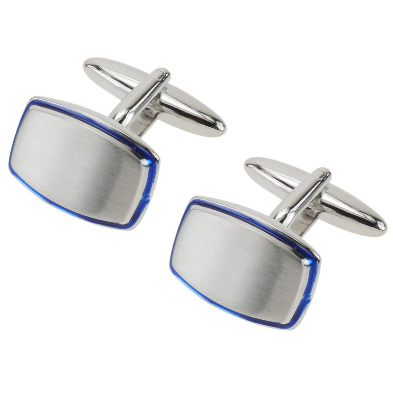 Blue Frame Brushed Silver Cufflinks - กระดุมข้อมือ - โลหะ สีน้ำเงิน