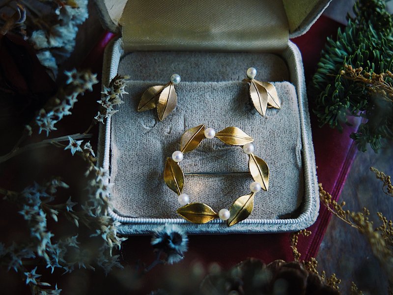 Krementz パールゴールドセット - ブローチ イヤリング アメリカン アンティーク ジュエリー ヴィンテージ - ブローチ - 真珠 