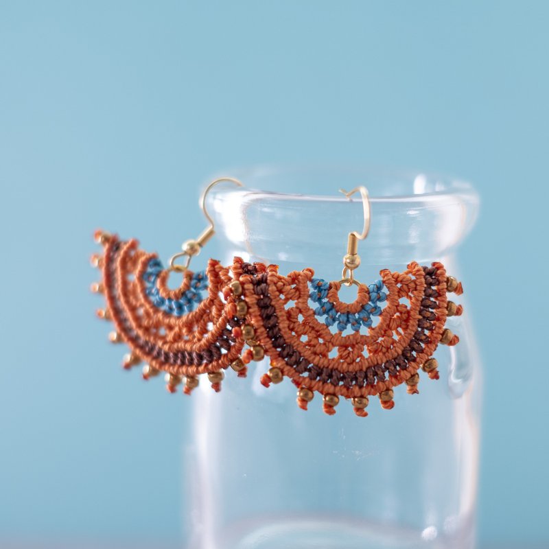 E017 Macrame Earrings /Clip-on Earrings Blue-Brown - Earrings & Clip-ons - Polyester Brown