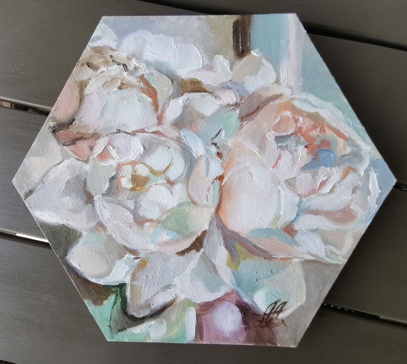 White peony on shaped canvas, Flowers blossom small flowers painting Wedding gif - ตกแต่งผนัง - วัสดุอื่นๆ สีเทา