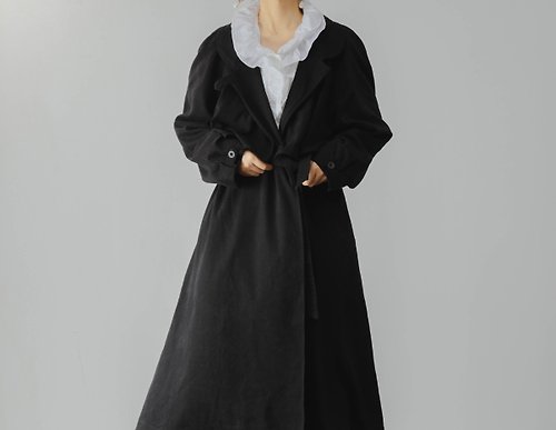 三良洋貨 法式復古 少女暗黑廓形寬鬆黑色精紡羊毛風衣外套