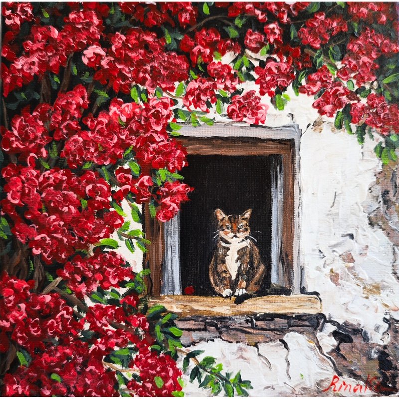 窗邊盛開的三角梅貓 由 RinaArtSK 手繪原創藝術作品 - 壁貼/牆壁裝飾 - 其他材質 多色
