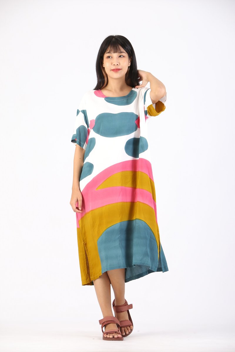 Short Dress Kaftan Cotton Silk Hand Paint Free Size - 洋裝/連身裙 - 棉．麻 白色