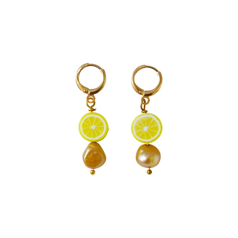 Gold freshwater pearl with lemon huggie earrings| by Ifemi Jewels - 其他 - 其他材質 金色