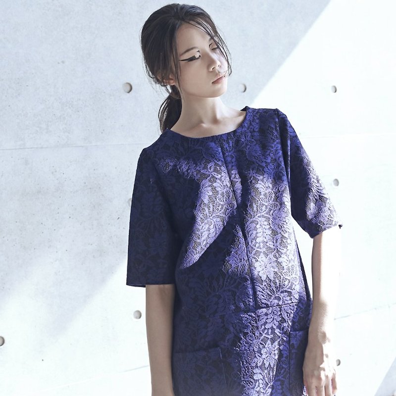 【Made-to-order】Lace Dress - ชุดเดรส - เส้นใยสังเคราะห์ สีน้ำเงิน