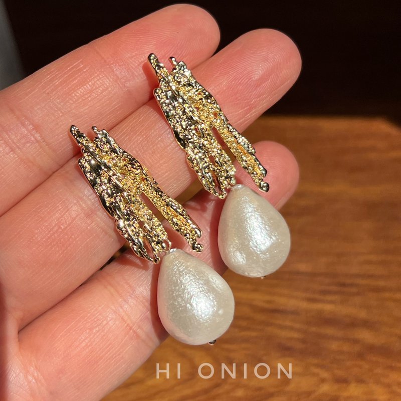 Hi Onion小眾設計復古棉花珍珠耳釘水滴耳夾個性高級氣質百搭耳飾 - 耳環/耳夾/耳骨夾 - 其他材質 