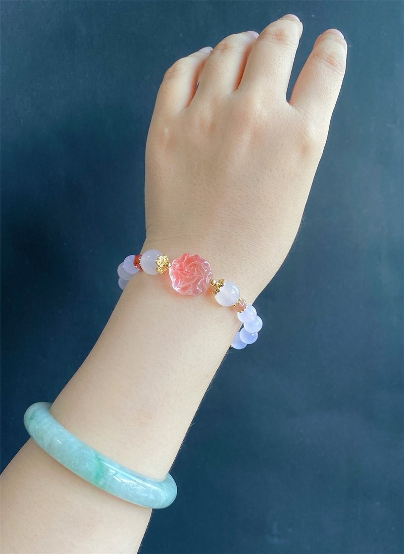 [Sold] Natural Burmese Jade, Jadeite, White Jade and Glazed Flower Tourmaline Bracelet Designed by Best Friend - Bracelets - Crystal Pink