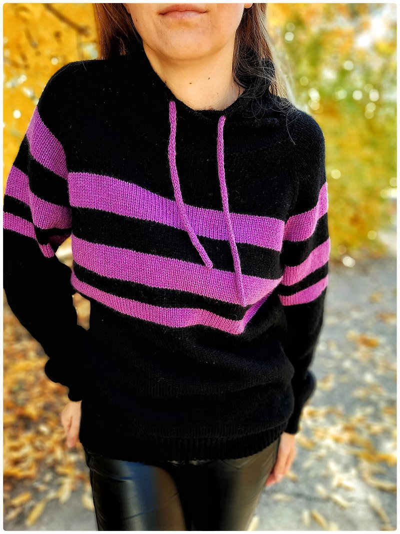 女性用手編みタートルネックセーターアルパカ、婦人服、秋セーター - ニット・セーター - ウール ブラック