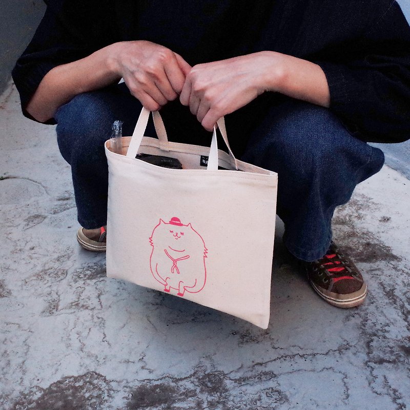 Handmade / Canvas Tote Bag / Eco Bag / Two Cup Drink Bag / Pensive Cat / Pink / On Sale - กระเป๋าถือ - ผ้าฝ้าย/ผ้าลินิน สึชมพู