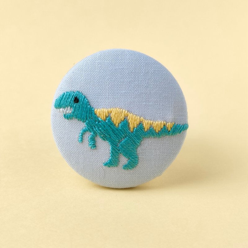 ゆるいティラノサウルスの刺繍ブローチor刺繍ヘアゴム　恐竜 - ブローチ - コットン・麻 グリーン