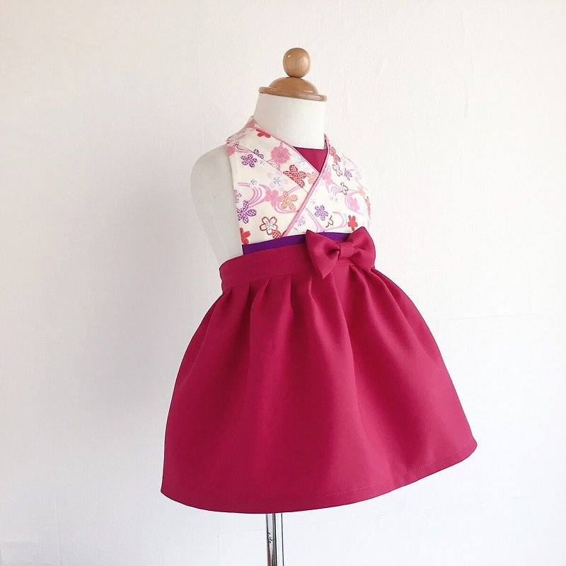 Kawaii Kimono Bib Dress  - Cherry blossoms - Wine Red - Bibs - Cotton & Hemp Red