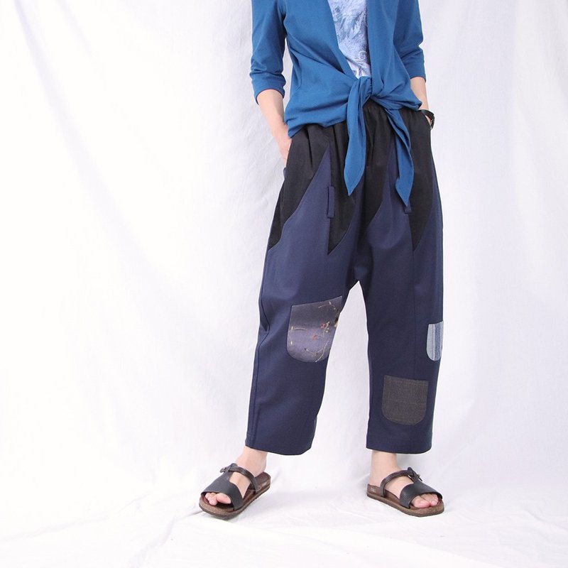 黑藍 / 鋸齒剪裁小布塊拼接褲 / A2044 - 女長褲 - 棉．麻 藍色