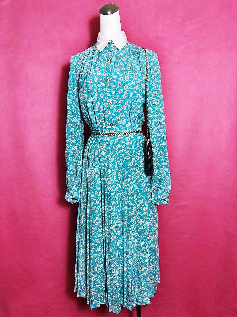 Leaf textured long-sleeved vintage dress / brought back to VINTAGE abroad - One Piece Dresses - Polyester Blue
