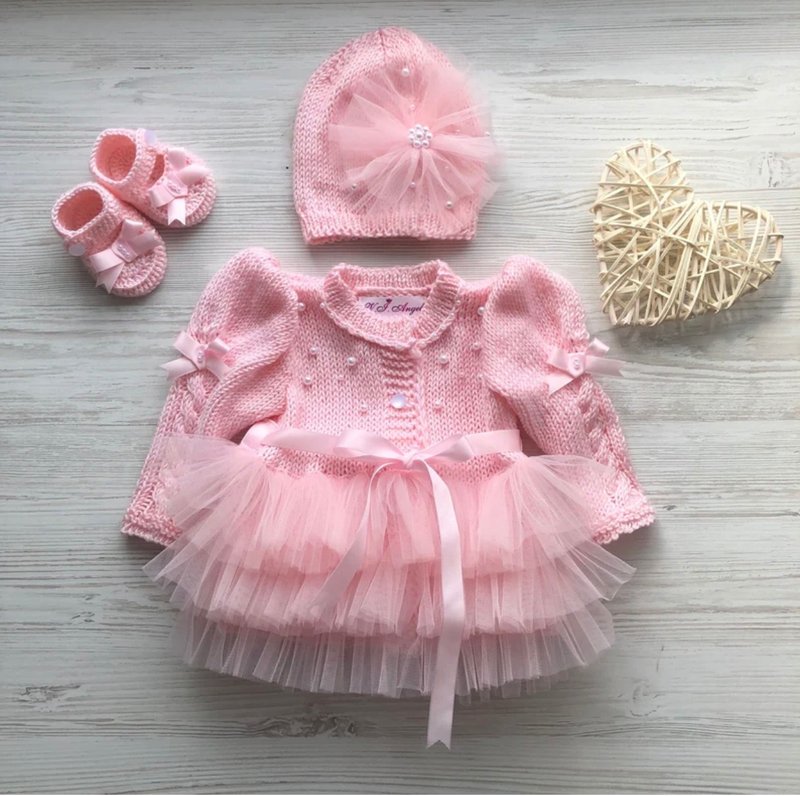 Pink clothing set for baby girl. Hand knit dress, hat, booties for baby. - Onesies - Other Materials 