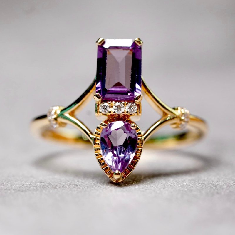 18K Art Deco 亞歷山大石 雙石戒指 - 戒指 - 貴金屬 金色