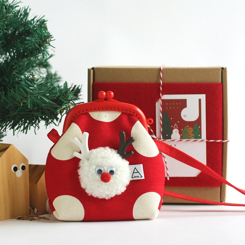 長角毛毛小怪塑膠口金零錢包/斜揹包/附長帶 - 側背包/斜背包 - 棉．麻 紅色