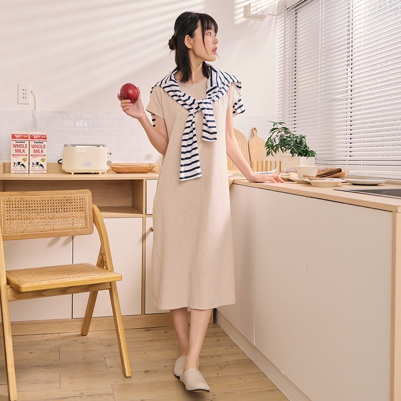 MIT有機棉小蓋袖修身長洋裝-共3色 - 睡衣/居家服 - 棉．麻 多色