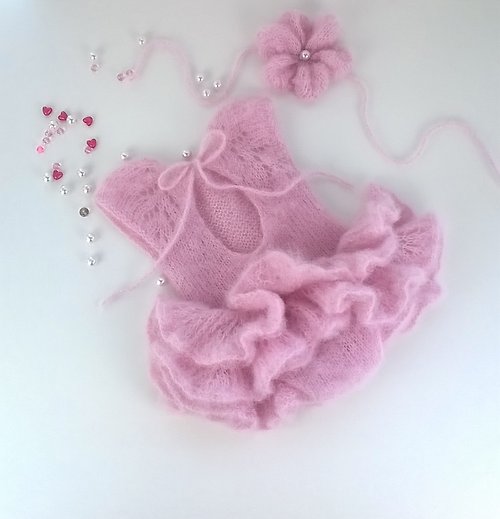 BabyknittWorld Pink dress,Knitted baby tutu dress,Girl pink dress,Girl photo prop dres