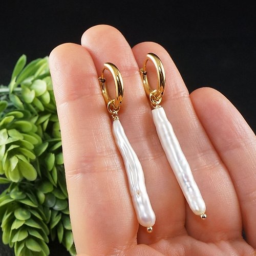 AGATIX White Biwa Baroque Natural Stick Pearl Golden Hoop Earrings Hoops Jewelry Gift