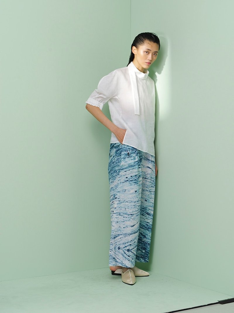 UUIN_Taiwan Jade Print Long Wide Pants - กางเกงขายาว - ผ้าฝ้าย/ผ้าลินิน สีน้ำเงิน