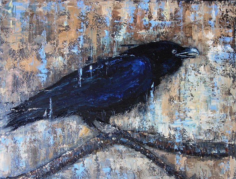 Crow Painting Oil Black Bird Original Art Animal Artwork Raven Canvas Art - Posters - Pigment Gray