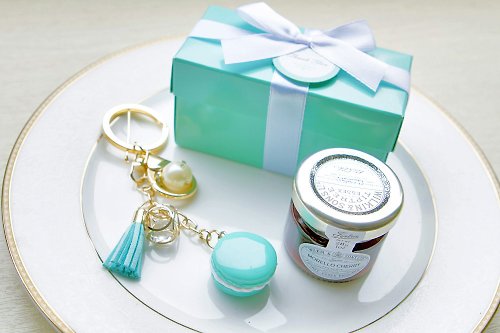 幸福朵朵 婚禮小物 花束禮物 Double Love Tiffany盒~Tiptree果醬+馬卡龍鑰匙圈~二入禮盒