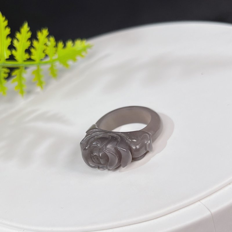 和田玉煙紫戒指 立體雕刻牡丹 附證書 花開富貴 可做吊墜 兩用款 - 戒指 - 玉石 