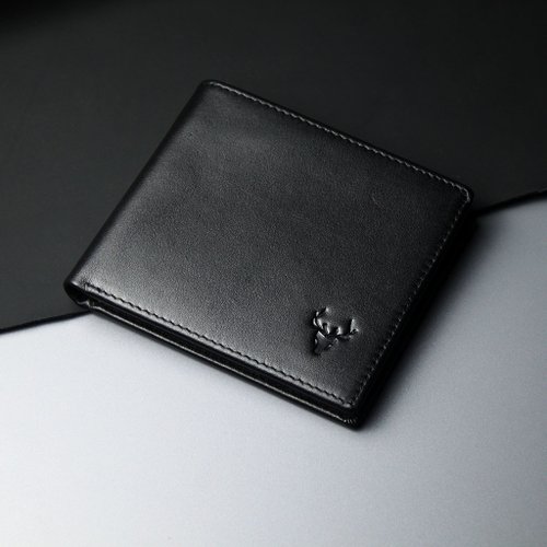 Zolton 【HOT】Zolton真皮雙折式極簡錢包 刻字 純黑 客製化刻字