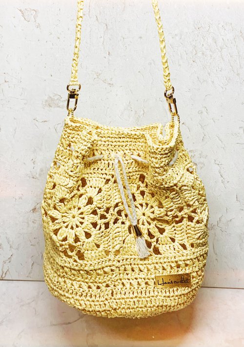 Han's crochet 手工編織 【現貨/訂製】Granny Square祖母格水桶包 手工編織/拉菲草斜揹包