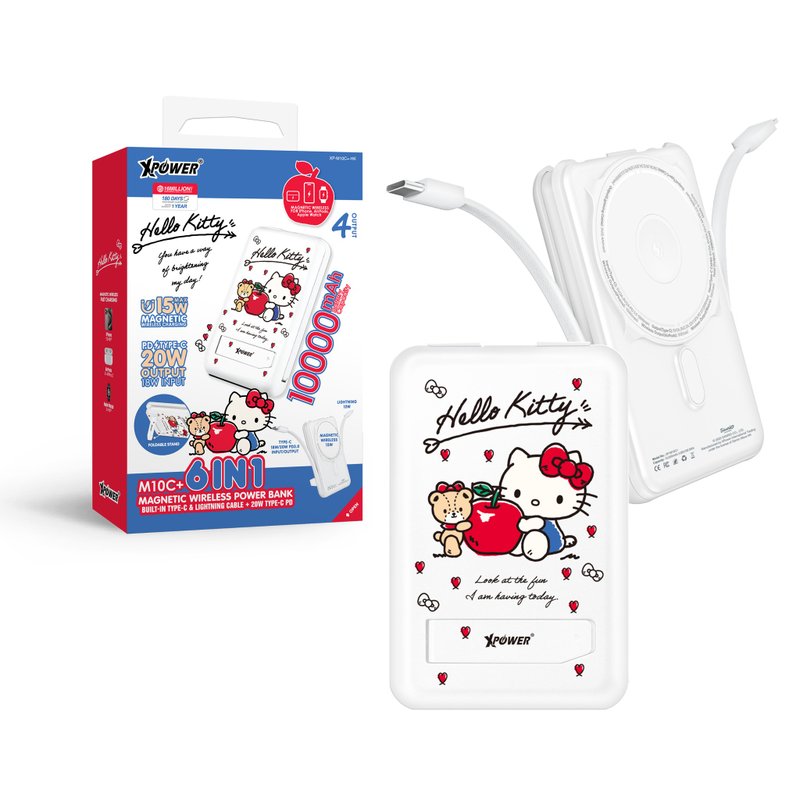 XPower x Sanrio Hello Kitty M10C+ 6合1 10000mAh磁吸移動電源 - 行動電源/充電線 - 其他金屬 白色