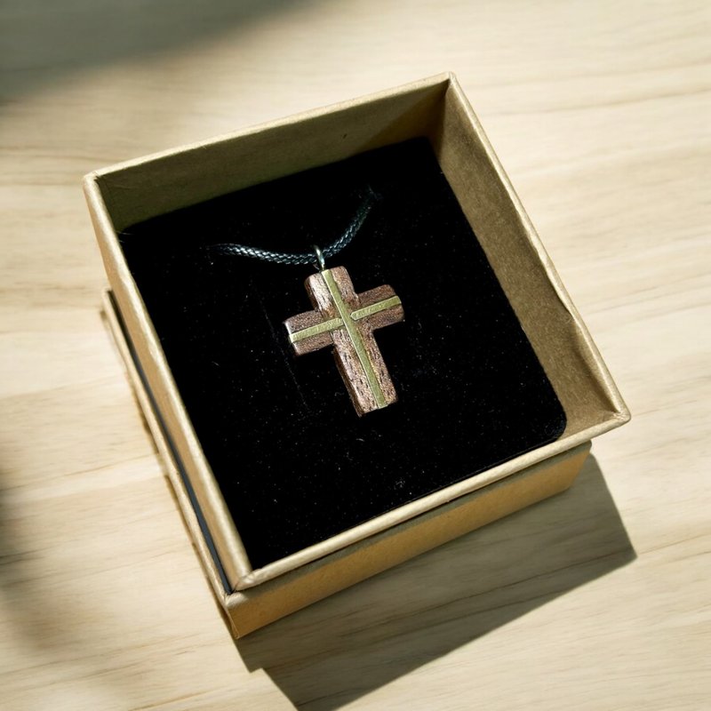 Wood inlaid Bronze cross/necklace/pendant/key ring - Necklaces - Wood Brown