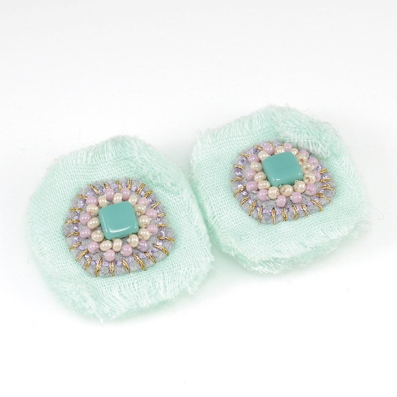gauze and beads earrings, flower earrings,statement earrings mint blue 7 - ต่างหู - ผ้าฝ้าย/ผ้าลินิน สีน้ำเงิน