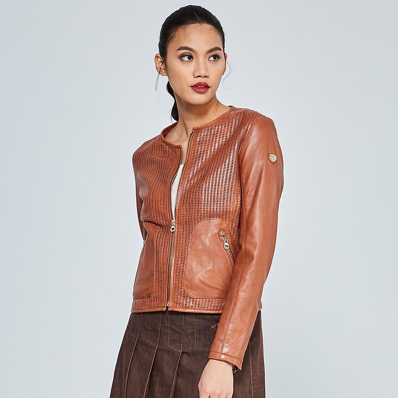 [Refurbished] [Germany GIPSY] GGBlanka Collarless Mesh Leather Jacket‧Gold Zipper- Brown Coffee - Women's Casual & Functional Jackets - Genuine Leather Brown