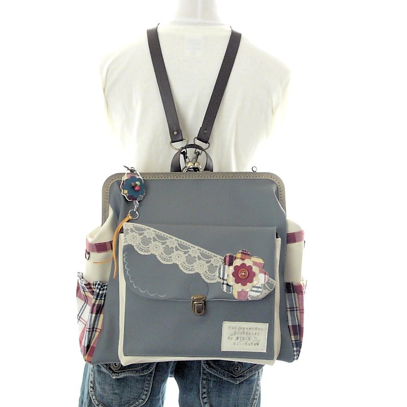 3 WAY right zipper attaching BIG rucksack full set check flower gray × ivory - 後背包/書包 - 真皮 灰色