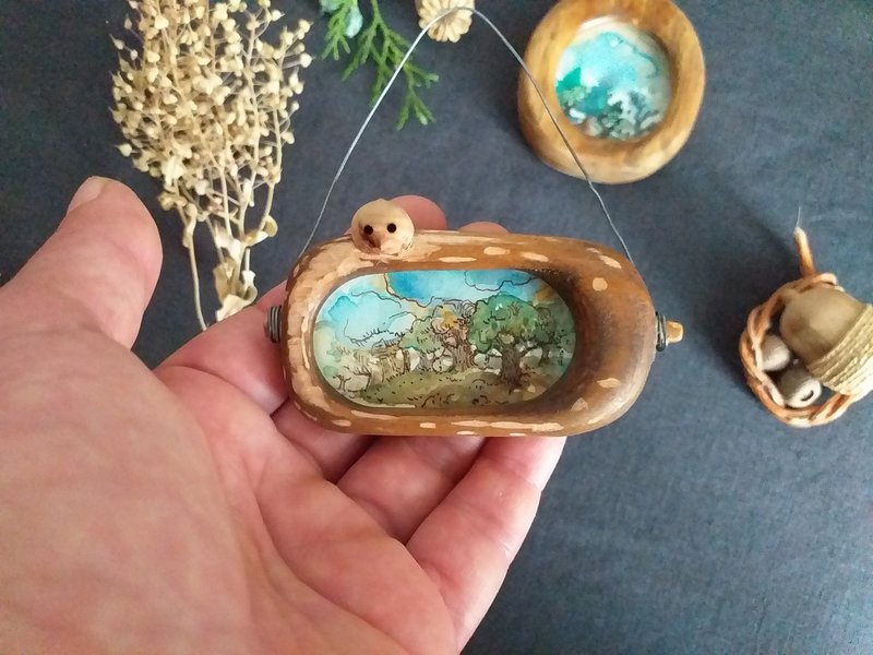 带有手工雕刻框架的原创水彩和水墨画  微型墙艺术  风景画  微型 - 壁貼/牆壁裝飾 - 木頭 咖啡色