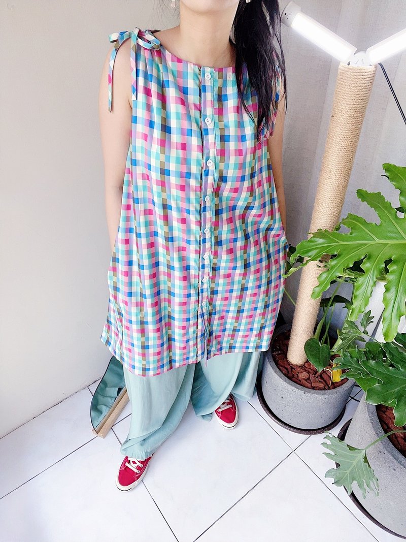綠x粉青春細碎格紋肩綁帶派對 滑布挺版連身裙洋裝上衣長裙 dress - 洋裝/連身裙 - 聚酯纖維 多色