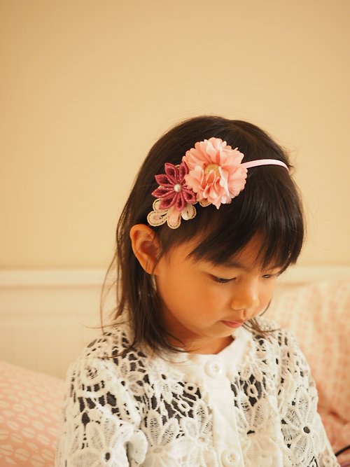 sunflowercorsage 手作粉紅色雪紡拼花彈性髮帶頭飾 適合彌月宴會家庭照