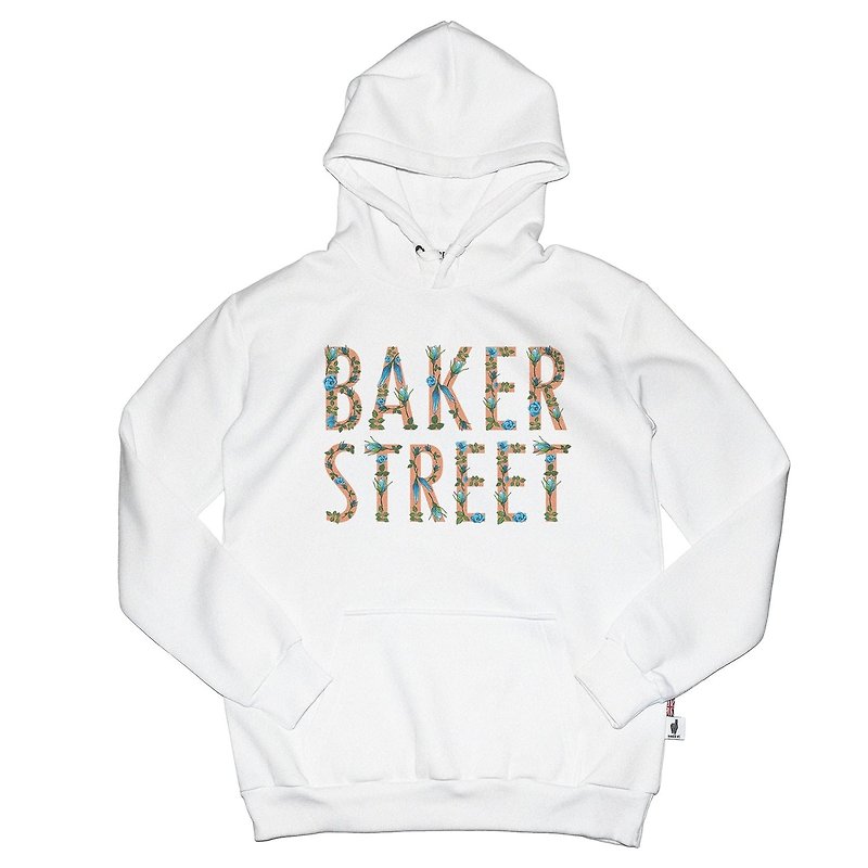 British Fashion Brand -Baker Street- Floral Letters Printed Hoodie - Unisex Hoodies & T-Shirts - Cotton & Hemp White