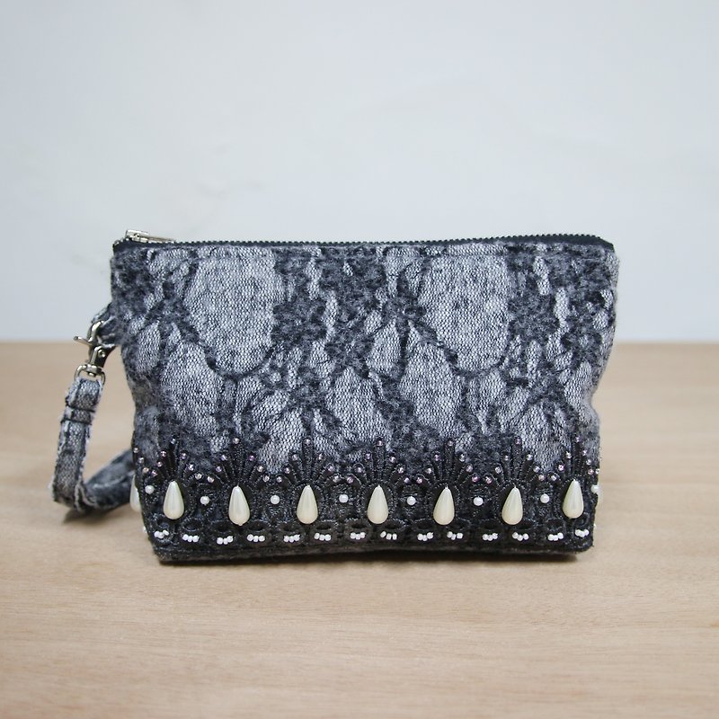 Hand-dyed lace and beaded clutch - Clutch Bags - Polyester Black