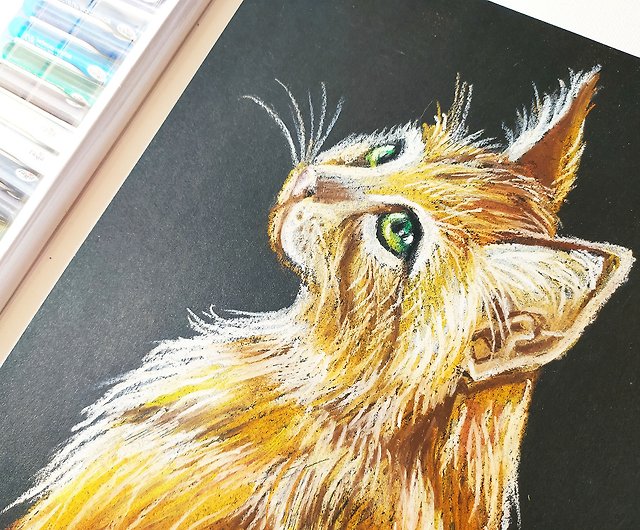 赤いふわふわの猫オイルパステル原作動物原画の肖像 - ショップ