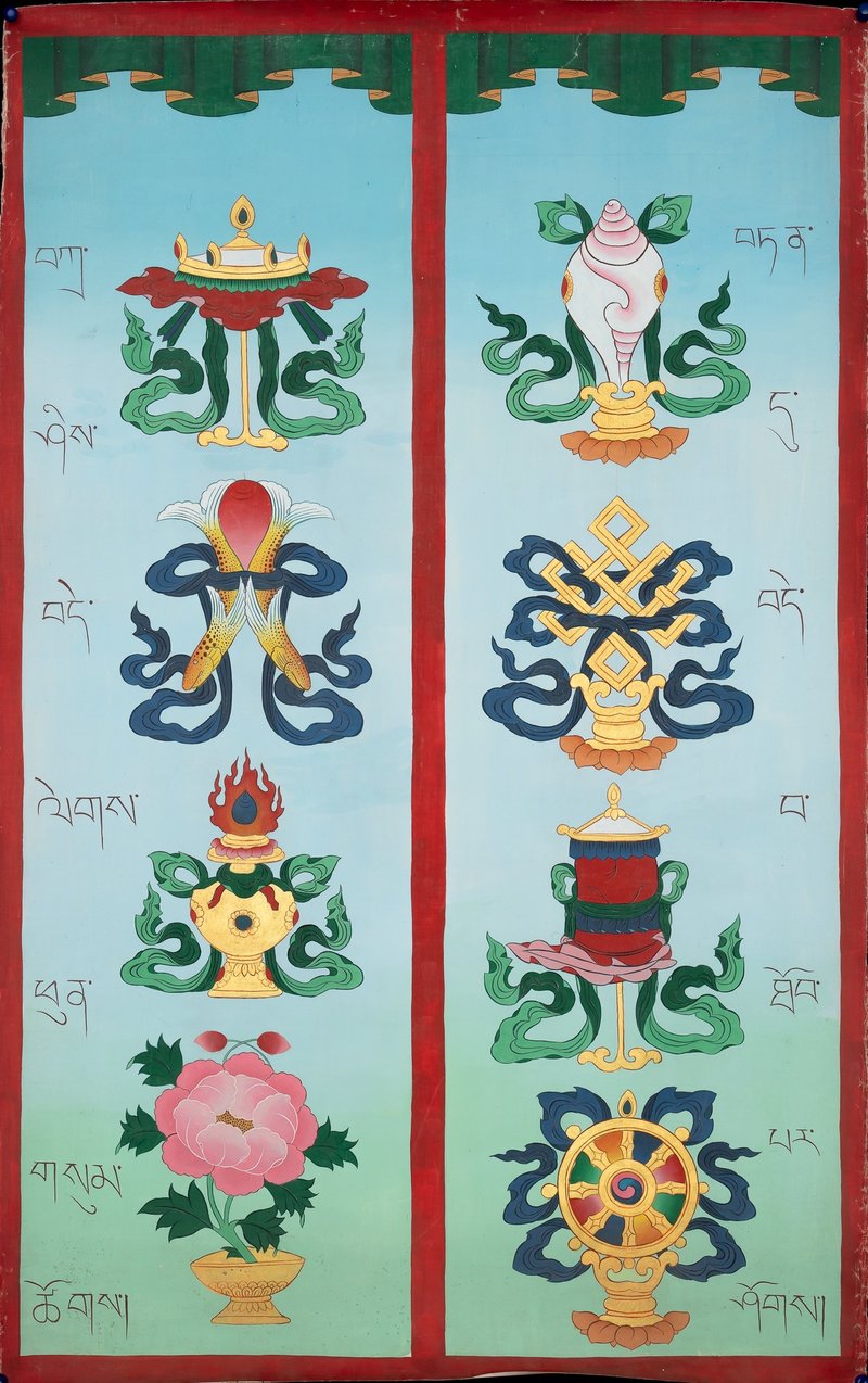 八吉祥佛教符號唐卡 — 覺悟的神聖象徵 - 壁貼/牆壁裝飾 - 其他材質 多色