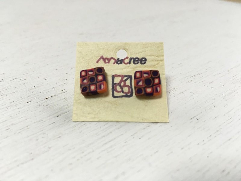 Tiny earrings square purple orange - Earrings & Clip-ons - Pottery 