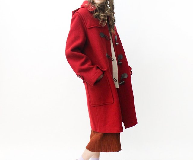 RE1115C420】秋冬韓國製學院風格紋內裡聖誕紅連帽羊毛古著牛角扣大衣