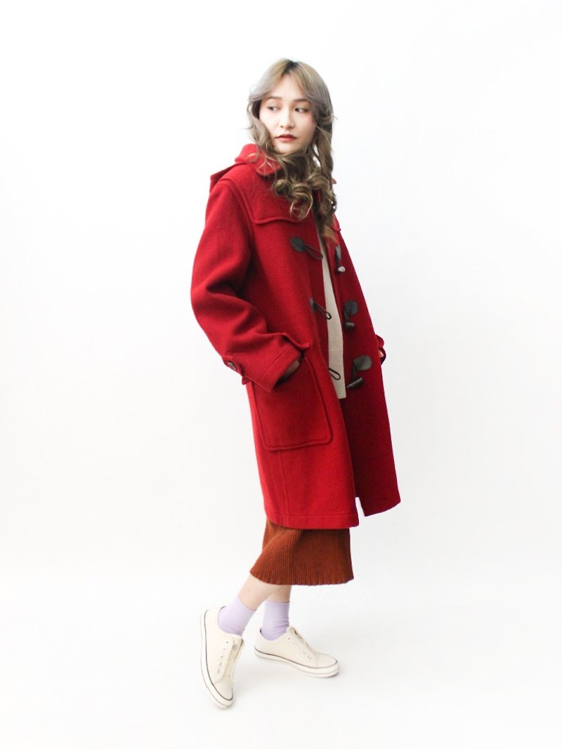 【RE1115C420】秋冬韓國製學院風格紋內裡聖誕紅連帽羊毛古著牛角扣大衣外套 - 外套/大衣 - 羊毛 紅色