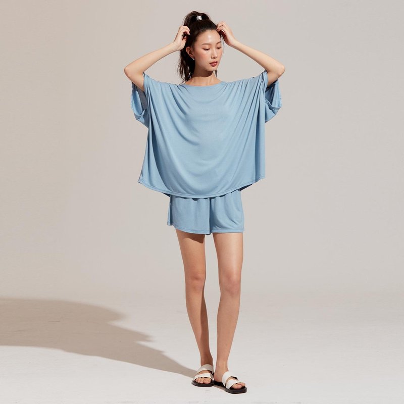 REBOOT Sleep-Modal Soft Skin Drawstring Shorts-Retro Blue - เสื้อยืดผู้หญิง - เส้นใยสังเคราะห์ สีน้ำเงิน