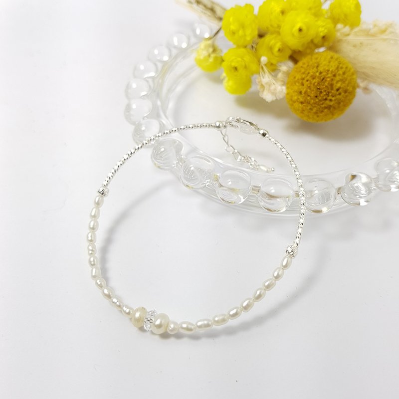 Natural pearl + white crystal sterling silver bracelet - Bracelets - Gemstone White