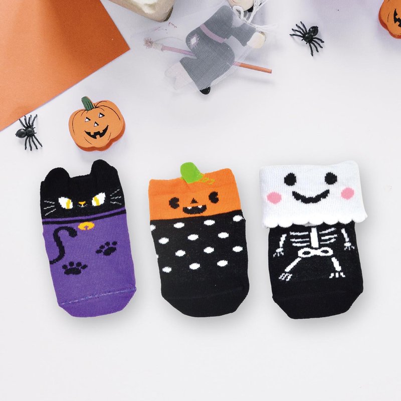 Halloween three-dimensional anti-slip baby socks 3 styles each 1 pair gift box cat pumpkin ghost - ถุงเท้าเด็ก - ผ้าฝ้าย/ผ้าลินิน สีม่วง